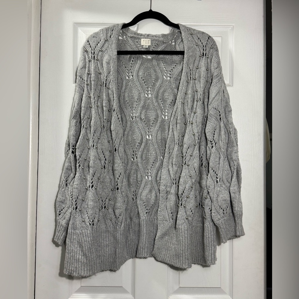 Pearl Beaded Open Front Cardigan Plus 1X | Gray Cottagecore Grandmacore Sweater